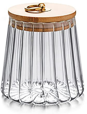 FANTESTICRYAN Vorratsdosen Glas, Vorratsgläser 700ml mit Deckel aus Bambus, Aufbewahrungsglas Blütenblatt Dekorativer Behälter Metallgriff Leicht zu Greifen(Klein Konisch)