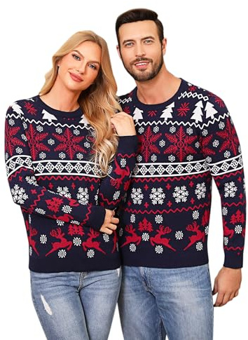 Aseniza Pull Noel Femme Homme Pull Moche de Noël Femme Ugly Christmas Sweater Drôle pour Couple Famille Hiver Chaud à Manches Longues avec Motif Flocon de Neige et Wapiti Bleu Foncé,M