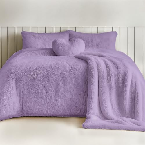 Rohi Luxury Faux Fur Duvet Cover Set Double – Soft Cuddly Long Pile Teddy Fleece Duvet Set with Pillowcases – Thermal Warm, Breathable & Hypoallergenic Faux Fur Bedding Cover Set – Lilac, Double