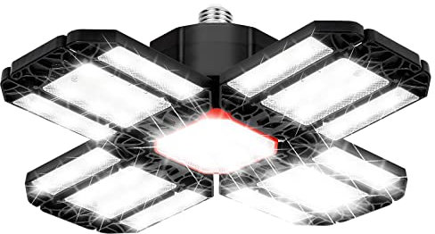 Fiqops Werkstattlamp, 200W LED Garagenleuchte 20000LM 6500K Verformbare Deckenlampe mit 12 Verstellbaren Paneelen, E27/E26 für Garagen Parkplatz, Lager, 360°-Beleuchtung (1 Stücke)