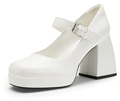 DREAM PAIRS Escarpins Femme Talon Haut Mary Jane à Bout Carré Style Y2K avec Plateforme Confort Chaussures Lolita,Size 41,Blanc-PU,SDPU2331W