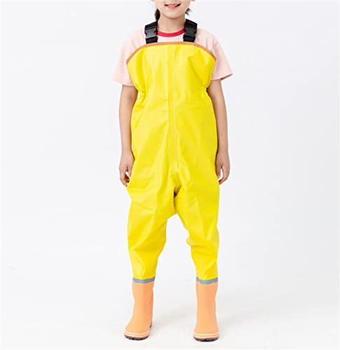 HWBZSZY Wasserdicht Nylon/PVC Anglerhose Jagdstiefel mit Verstellbarer Schultergurt Kinder Outdoor Wathose ​Hohe Taille Waders Leichte Gummi Regen Stiefel für Jungen und Mädchen,Gelb,31 EU