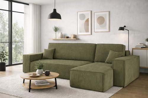 Kaiser Möbel, Ecksofa mit schlaffunktion, mit Bettkasten, Schlafsofa Best, Designer Sofa, Modern Design Couch, Polsterecke, Freistehend, Dicker Cord, Olive Rechts