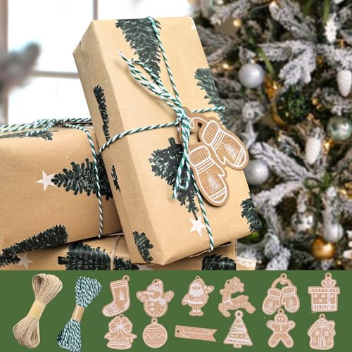 Weihnachtsgeschenkpapier Rolle 43x1500cm, Recycelbares Kraft Geschenkpapier Weihnachten mit Band, Weihnachtsgeschenkanhänger, Vintage (Grünzeug)