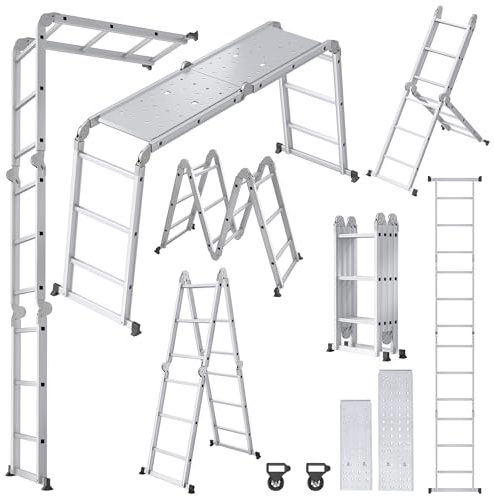Froadp Scala multiuso 6 in 1, 3,4 m, pieghevole, multiuso in alluminio, con 2 ruote e piattaforma, multifunzione, portata fino a 150 kg