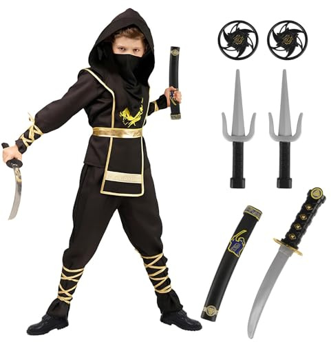 Kitimi Costume de ninja pour enfants, noir, or, 14 pièces, costume de ninja pour enfants, ensemble de carnaval avec accessoires, épée ninja en plastique, costume de samouraï pour garçons et filles