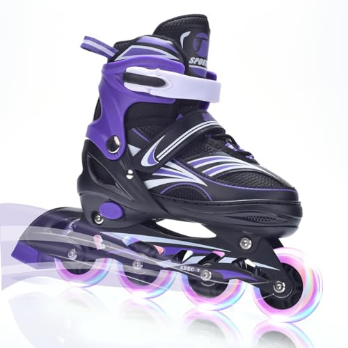 ERNAN Rollers en Ligne,Patins à roulettes en Ligne Réglables pour Enfants Filles Garçons Débutants,Patins à roulettes en Ligne avec Roues LED Idéales pour Les Garçons Filles Homme Femme (Purple, S)