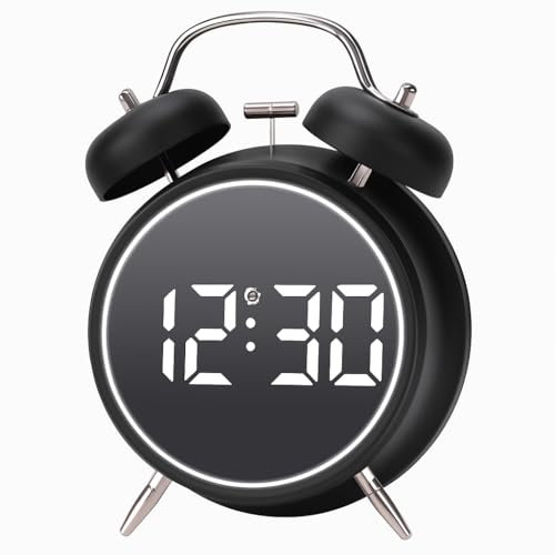 CBK Sveglia digitale, sveglia intelligente a LED a doppia campana, silenziosa, in metallo, con luce notturna, sveglia forte da comodino per dormienti pesanti, adulti, bambini, adolescenti (nero)