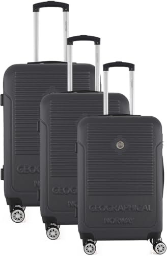 Geographical Norway Sandiego - Kofferset 3-teilig | Leichte Hartschalenkoffer aus ABS | 360 drehbaren Rollen | Teleskopgriff | Zahlenschloss | Handgepäck, Mittel & Groß | Innenfächer (Schwarz)
