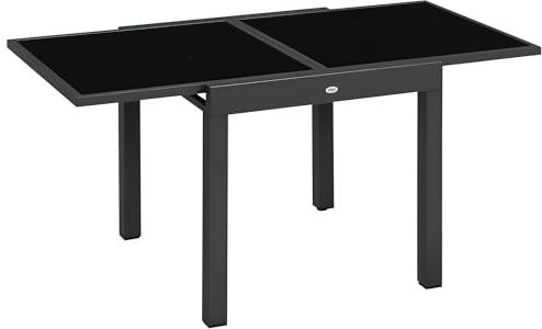 Outsunny Tavolo da Giardino Allungabile da 80/160x80x75 cm, Tavola da Pranzo Estensibile per 4-6 Persone Rettangolare in Alluminio con Piano in Vetro Temperato, Per Patio, Terrazzo, Balcone, Nero