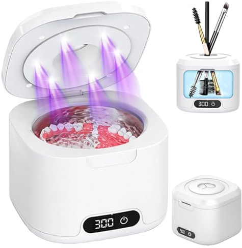 Pulitore ad ultrasuoni 49000 Hz con luce UV, 340 ML Dental Pod Pulitore ad ultrasuoni, 4 modalità di pulizia ultrasonica per binario, protesi, retainer, allineatori, protesi, testine dello spazzolino