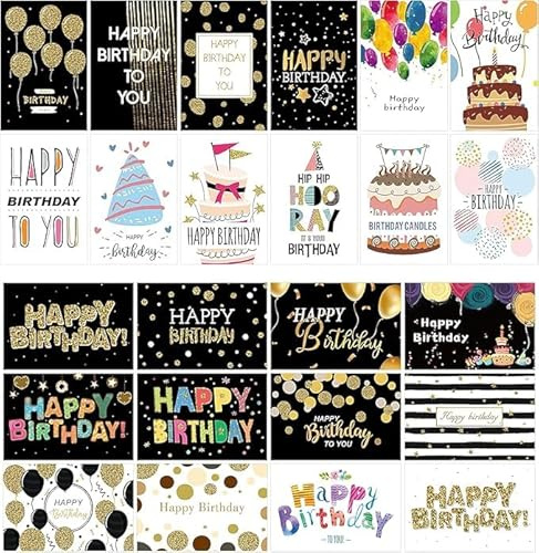 Blanko-kort för födelsedag, födelsedagskort med kuvert, Happy Birthday-kort, födelsedagskort, vikbart kort, gratulationskort, 24 födelsedagskort-set, perfekt för födelsedagsfester