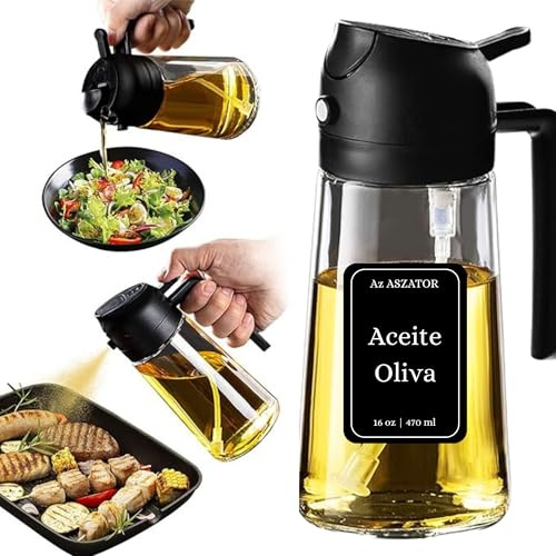 Áz ÁSZATOR Pulverizador Aceite Spray 2 en 1, Aceitera Spray Pulverizador + 8 Etiquetas Personalizables, Dispensador de Aceite Cocina 470ml de Vidrio para Air Fryer, Barbacoa y Ensaladas (NEGRO)