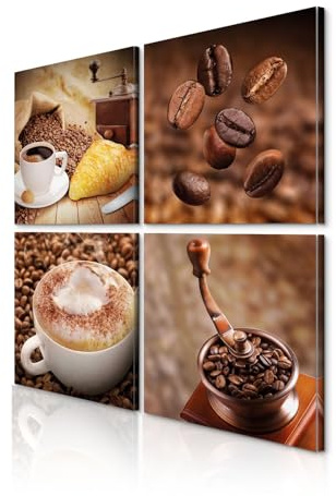 decomonkey Quadro Stampa su Tela moderno Caffè Cucina Set di 4 pezzi 20x20 cm Murale Fotografia Immagini Decorazione da parete Grafica Macinacaffè Coffee Croissant Chicchi di Caffè Aroma marrone