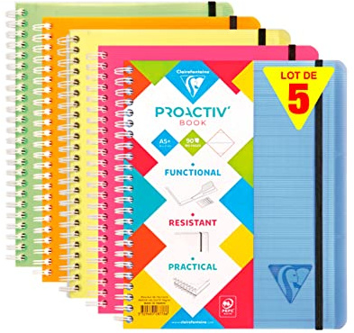 Clairefontaine 328776Cpack Linicolor Lot de 5 Cahiers Proactiv'Book - A5+ 16x21 cm - 160 Pages Détachables Lignées Cadrées - Papier Blanc 90 g - Couverture Polypro Transparent - Couleurs Aléatoires