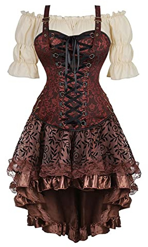 Josamogre Corset Jupe Robe Chemises 3 Set Pirate Femme Bustier Steampunk Bretelles Top Sexy Medieval Vetement Viking Brun L