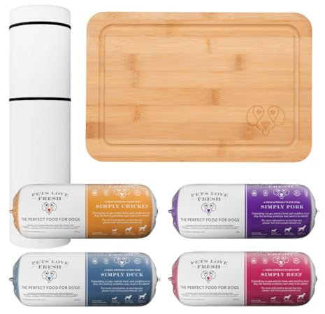 Fresh Dog Food Taster Pack by Pets Love Fresh - 100% Natural - Real British Meat - Zero Preservatives - Variety - Chicken, Pork, Beef & Duck (4 x 600g chub rolls, chopping board & container)