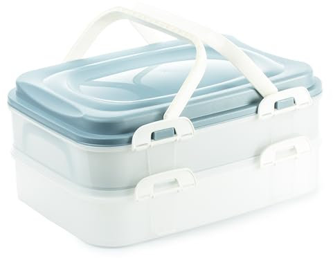 Kuchen Transportbox & Cupcake/Muffin Transportbox - Kuchenbehälter, 2 Etagen Rechteckig Partycontainer mit Hebeeinsatz + Deckel mit Tragegriffen & Clickverschlüssen, 40x30x18cm, Made in EU, Blau
