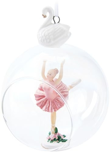 BRUBAKER Adorno de Navidad Premium Bailarina con Vestido Rosa - Adorno de Árbol de Vidrio de 10 cm con Cisne de Porcelana - Adorno de Árbol de Navidad Transparente con Bailarina de Ballet