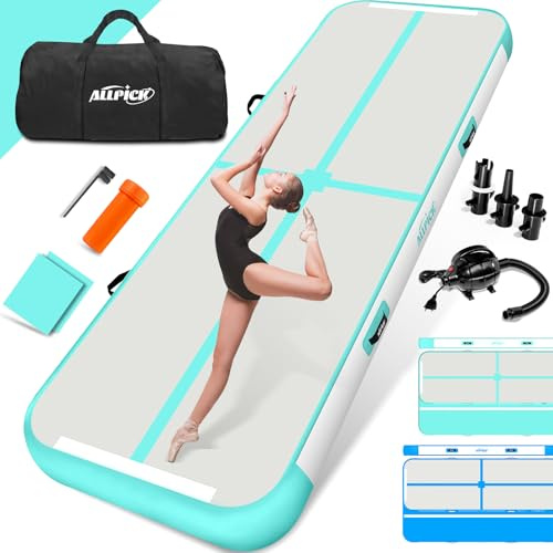 ALLPICK Turnmatte Aufblasbar mit elektrischer Luftpumpe, Länge 3/4/5/6 m Trainingsmatte, 10/20 cm hoch Tumbling Matte, Doppelseitiges Design Aufblasbar für Gymnastikmatte, Yoga Grün 300 * 100 * 20 cm