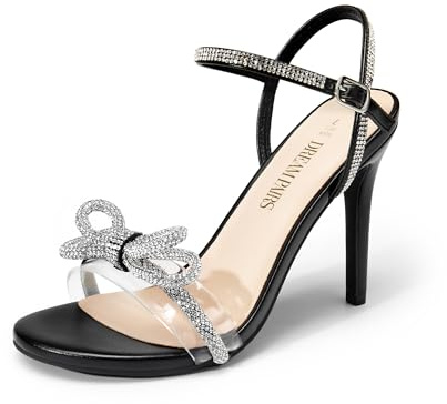 DREAM PAIRS Women's Heels Round Toe Rhinestone Double Bowknots Sparkly Stilettos Heeled Sandals Shoes for Party Evening SDHS2451W,Size 9,Black-Pu,SDHS2451W