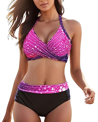 Dislsokrhov Bikini Damen Set Hohe Gedruckte Push Up Badeanzug Vintage Bademode Taille Bikini Zweiteiliger High Neck Bademode Strandmode Push Up Bikin Zweiteiliger Badeanzug Lila, S
