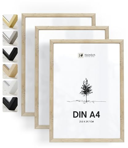 Heimlich® - Bilderrahmen - A4 21x30 cm, Ayous-Holz, Eichenfarbe, 3er-Pack - Urkunden-, Diplom- und Dokumentenrahmen mit Folienabdeckung - Wandmontage oder Tischaufsteller