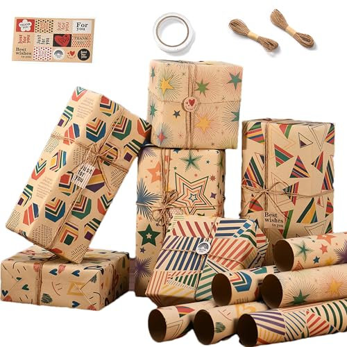 6 Bögen Buntes Kraft Geschenkpapier für Kinder, DIY Geburtstag für Junge Mädchen Männer Frauen, Gift Wrapping Paper für Weihnachten Festliche Geschenkdekoration (70 x 50 cm)