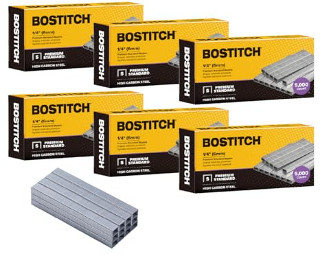 Bostitch Office 30,000 Standard Staples, 1/4 Length, Full Strip Staples, 210/Strip, 5000 Per Box, 6-Pack