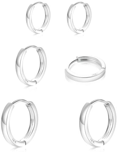 Yiorxu 3 Pairs Silver Hoop Earrings for Women,Huggies Earrings Size：8/10/12mm, Cartilage Sleeper Earrings Hinged Small Silver Hoop Earrings Set for Women Men Girls Boys