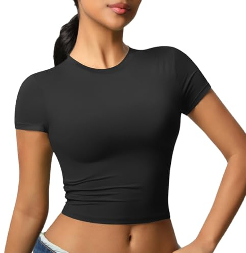 JTSONN T-Shirt de Sport Femmes Manches Courtes Respirante Chemise Fonctionnelle Haut de Course Chemise Compression Col Rond Yoga Fitness Workout Gym Running Crop Top