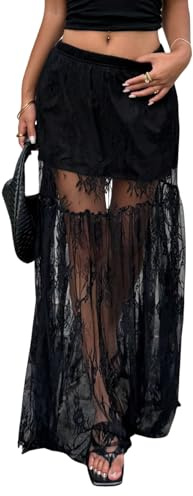 GORGLITTER Jupe Maxi Élégante pour Femme avec Taille Haute en Dentelle, Jupe Longue en Dentelle, Jupe A-Ligne Décontractée avec Motif Floral, Jupe d'été Transparente pour Soirée, Noir , M