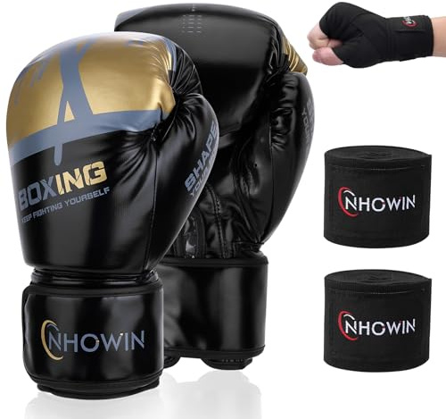NHOWIN Boxing Gloves, Boxing Gloves for Men and Women with Boxing Wraps for Heavy Bag, MMA, Muay Thai, Sparring Training - 16oz