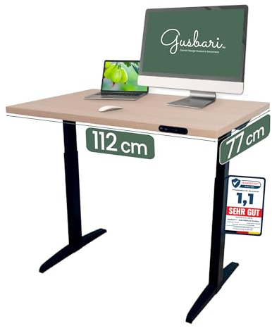 GUSBARI Höhenverstellbarer Schreibtisch Elektrisch mit Memory-Funktion & Sanft-Start | Computertisch Höhenverstellbar mit Anti-Kollisionssystem | Werkzeuglose Montage | Eiche | 112 x 77 cm