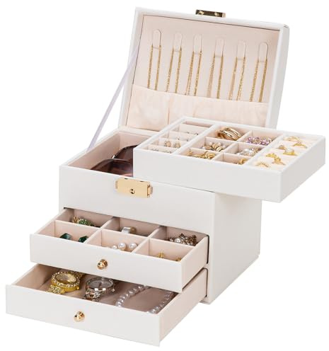 Seelux Kleines Schmuckkästchen für Mädchen mit Schloss: 3-Lagiger Schmuckbox für Schminktisch - Weiße für Ohrringe Ring Uhren Ketten - Geburtstag Weihnachtsgeschenke