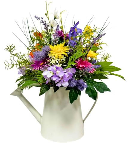 Lnymura 14 Inch Farmhouse Floral Centerpiece in Watering Can, Lighted Spring Summer Wildflower Arrangement with Timer Daisies for Table Decor Home and Kitchen