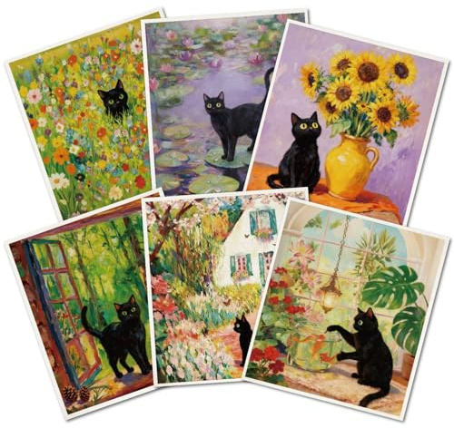 PRESSINART 6 unidades 6 estilos de Paños de Cocina Suecos para Platos con Dibujos de Gatos Reutilizables Toallas de Lavado Gatos Negros Flores Vista de Ventana Patrón Mixto Esponjas de Celulosa Lavabl