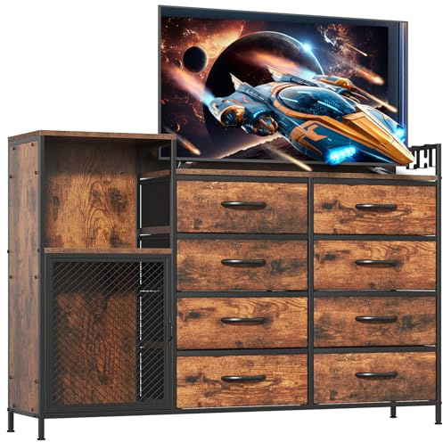 GoaHi Chest of Drawers Bedroom with 8 Drawers, 52'' Wide Fabric Dressers Furniture with Wooden Top, Mesh Door Dressers, Fabric Drawers Storage Unit for Bedroom, Entryway, Rustic Brown
