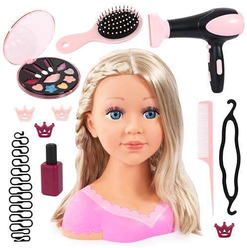 Bayer Design Charlene Super Model Hairdressing Head, Hair Accessories | Make-up and Hair Dryer with Sounds, Wind, for Creative Play, Ages 3+