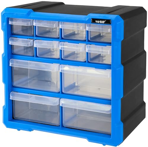 HMF Caja clasificadora para piezas pequeñas con 12 cajones, caja surtida para tornillos y herramientas, 24 compartimentos, 26,5 x 26,5 x 16 cm, color azul y negro
