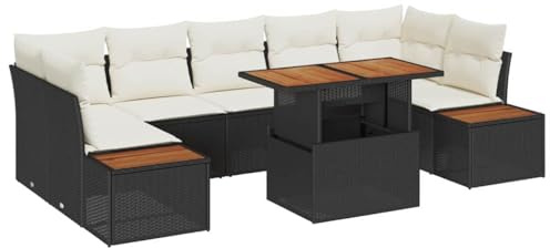 Foknhdi Gruppo da pranzo da giardino, 8 pezzi, nero, beige, in legno di acacia, 100 x 55 x 73 cm, piedini modulari regolabili, robusto, mobili da giardino per giardino, terrazza e balcone