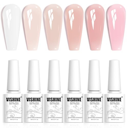 Vernis Gel Nude Rose Vishine Kit 6 Couleurs Effet Transparent Blanc Laiteux & Nude Jelly, Vernis Semi-Permanent Soak-Off LED UV, Tons Neutres pour Manucure Toutes Saisons