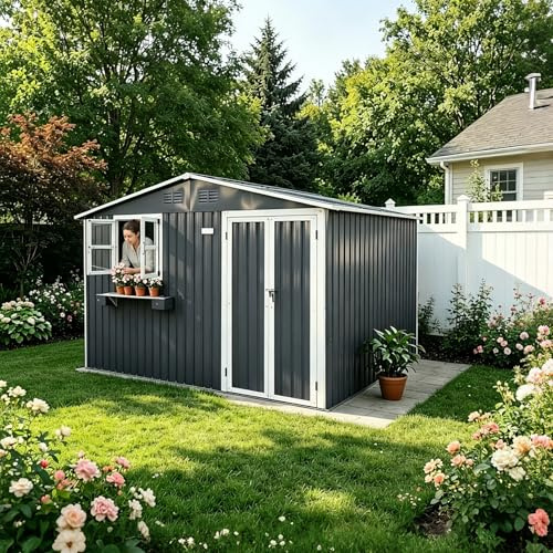 Casetta da giardino per esterni, 7,19 m², in acciaio zincato, resistente alle intemperie, con 2 finestre, porta con serratura e ripiano per fiori, impermeabile, per giardino e terrazza