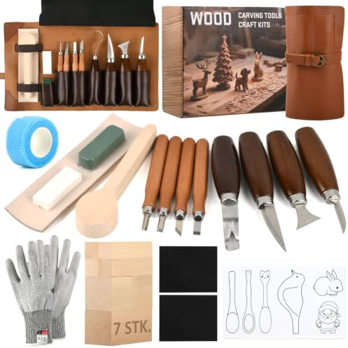 Kit Sculpture Bois 25 pièces – Couteaux & outils, Carving Tool set | Lames en acier spécial, outils adaptés aux enfants, incl. guide & modèles, prêt à l‘emploi