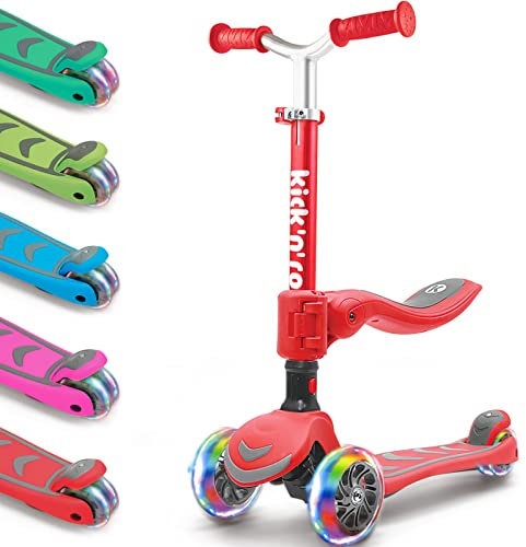 Kicknroll Roller Kinder 3 Jahre, Kinderroller 2-in-1 mit Sitz, Faltbar Rutsche Scooter, 4 Verstellbare Höhe, 3 LED Räder, Dreirad Tretroller Spielzeug Geschenk für Kleinkind Jungen Mädchen 3-8 Jahren