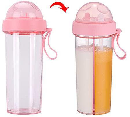 Botella de agua de doble cara de 600 ml, botella mezcladora dual con dos pajitas, taza para beber al aire libre para acampar, senderismo, viajes, oficina, gimnasio(Rosado)