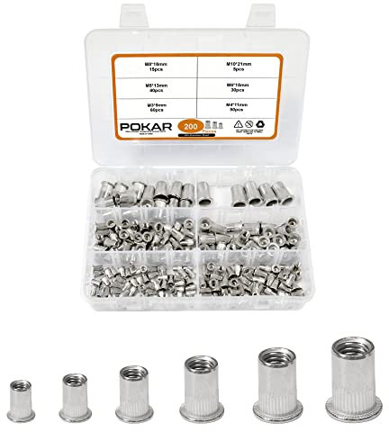 POKAR Nietmuttern 200 Stück Gewindenieten Nietmutternzange Set M3 M4 M5 M6 M8 M10 Edelstahl Umreifungsgerät Nietzange Nutsert Einschlagmuttern Nietmutter