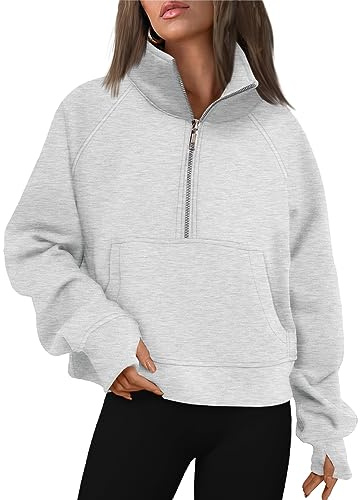 AUTOMET Womens Hoodies Half Zip Oversized Sweatshirts Cropped Pullover Fleece Quarter Zipper Cardigans Sweater 2026 Cute Tops Fall Fashion Outfits Y2k Clothes Grey Small