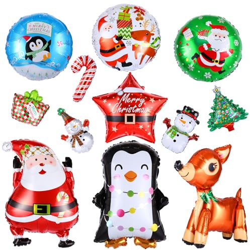 Kesote 12pcs Christmas Foil Balloons for Christmas Party Decorations | Santa Clause Xmas Trees Pattern,Party Supplies,including straws and straps