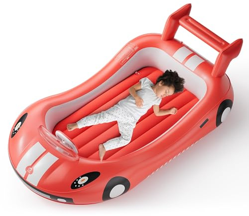 QPAU Inflatable Kids Bed, Blow Up Toddler Airbed Travel with Sides, Portable Toddler Travel Bed Set with Kid Air Mattress, Perfect for Camping, Traveling, Hotel, or Home (Red)